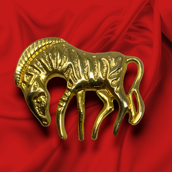 Vintage 1980's Avant Garde Modernist Zebra Gold Tone Brooch Pin - Picture 1 of 3